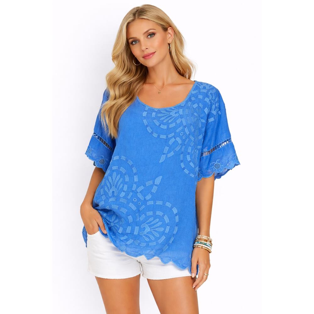 Johnny Was Blue Embroidered Silk-like Top XS OVERSIZED Boho Tunic